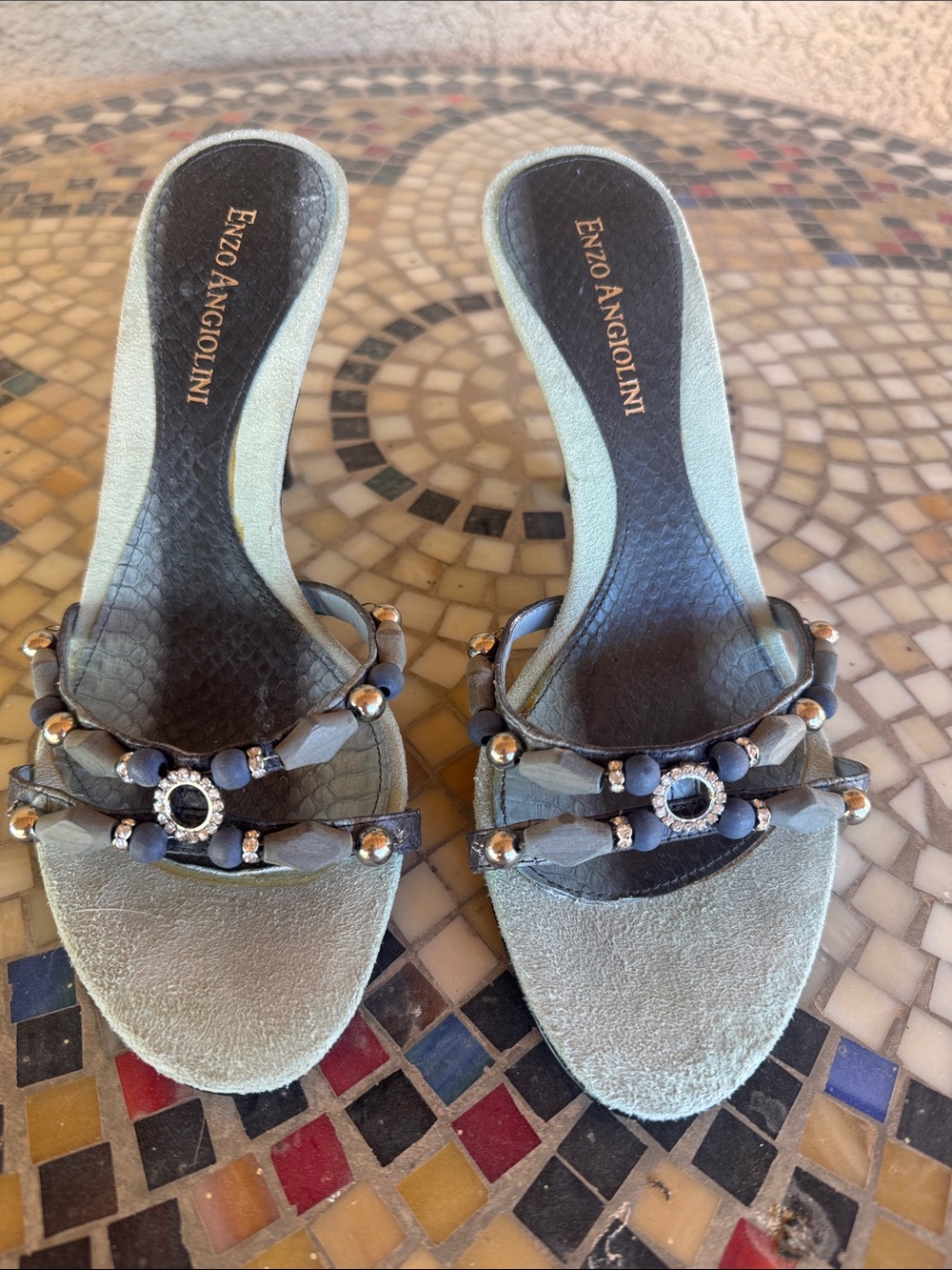 Enzo Angiolini Light Blue Embellished Slide Sandals